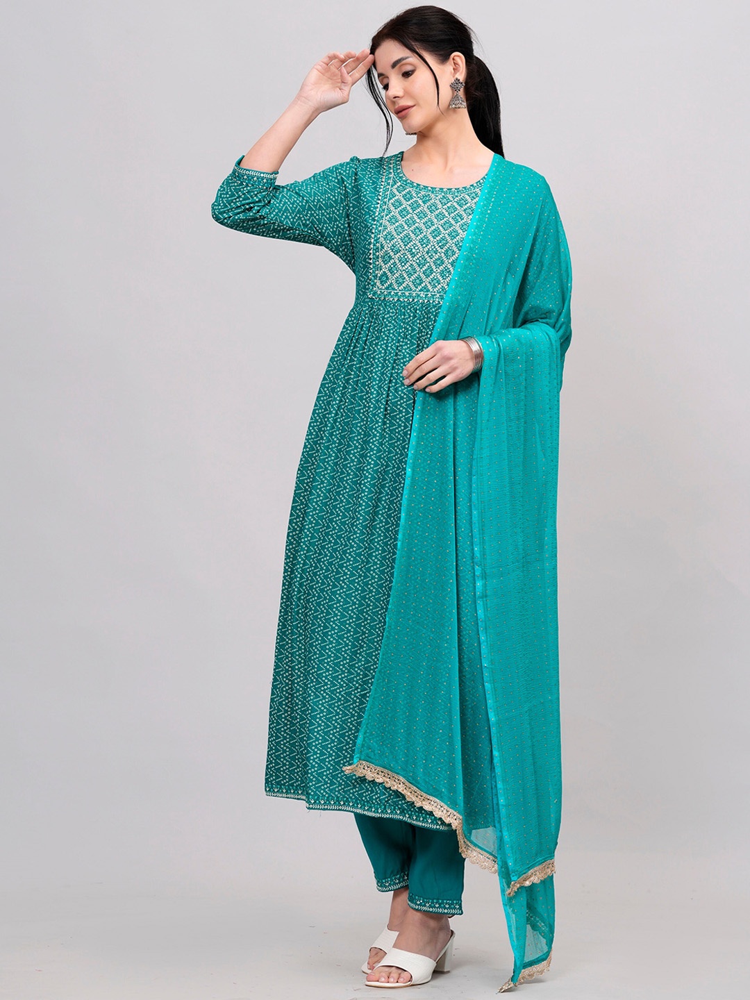 KALINI Bandhani Printed Thread Work A-Line Kurta with Trousers & Dupatta, Turquoise blue
KALINI Bandhani Printed Thread Work A-Line Kurta with Trousers & Dupatta, Turquoise blue