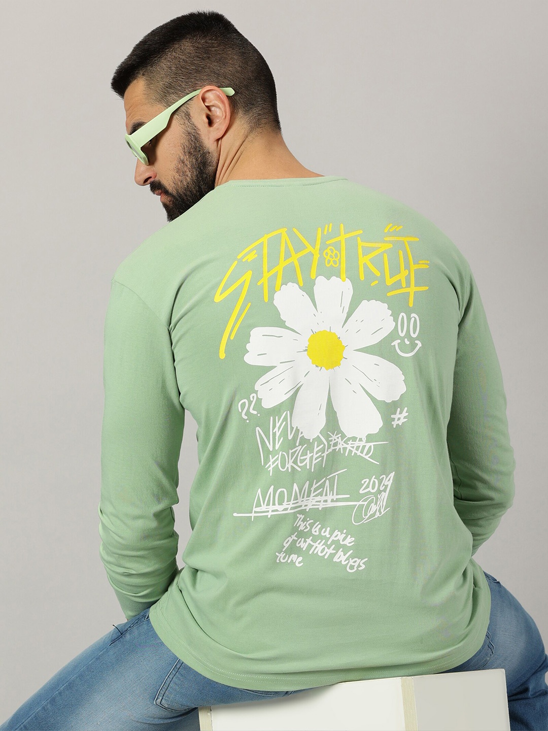 GESPO Typography Printed Pure Cotton T-shirt, Green