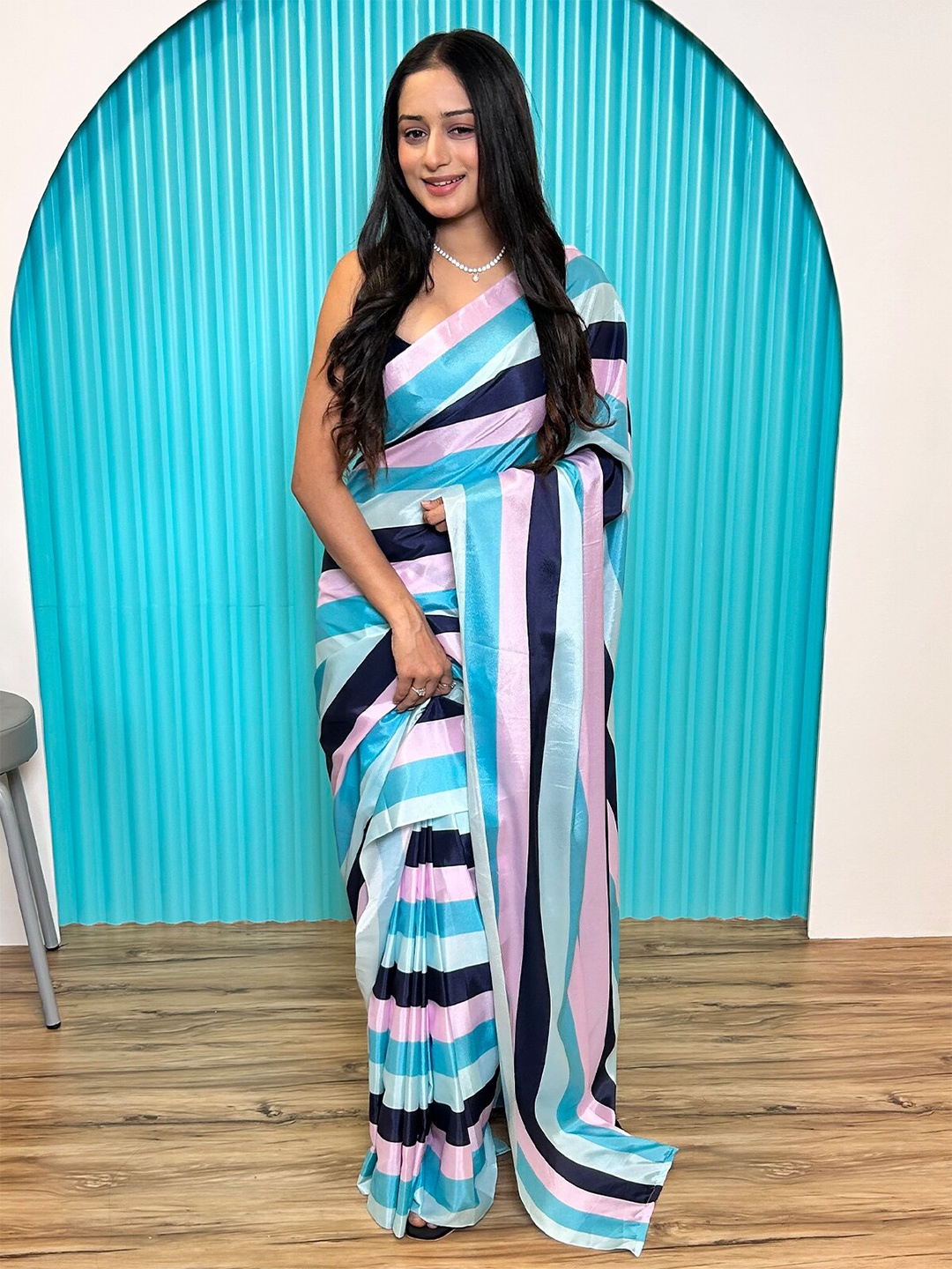 ODETTE Striped Ready To Wear Satin Saree, Blue