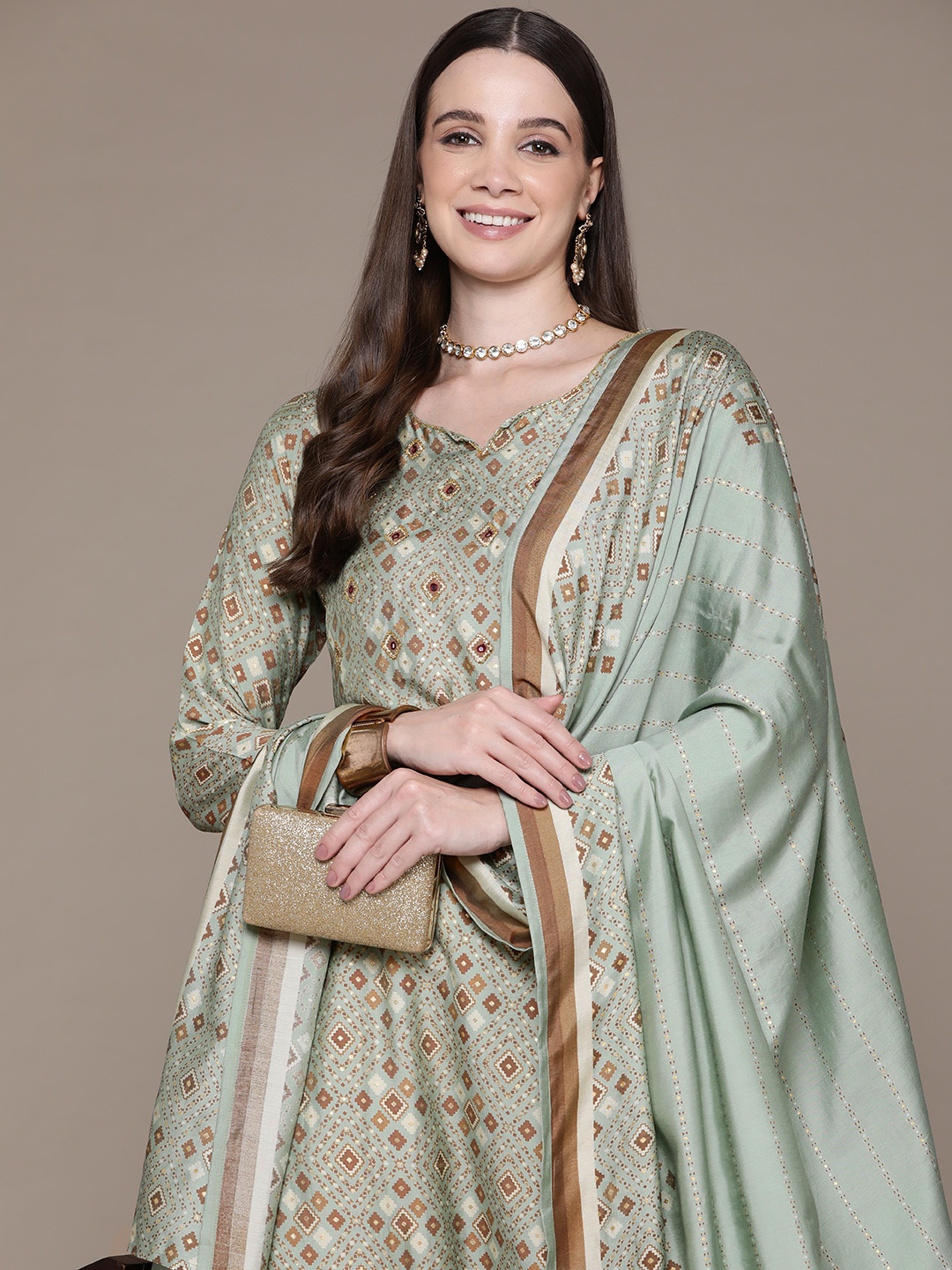 Readiprint Fashions Printed Mirror Work Pure Silk Kurta with Trousers & Dupatta, Green
Readiprint Fashions Printed Mirror Work Pure Silk Kurta with Trousers & Dupatta, Green