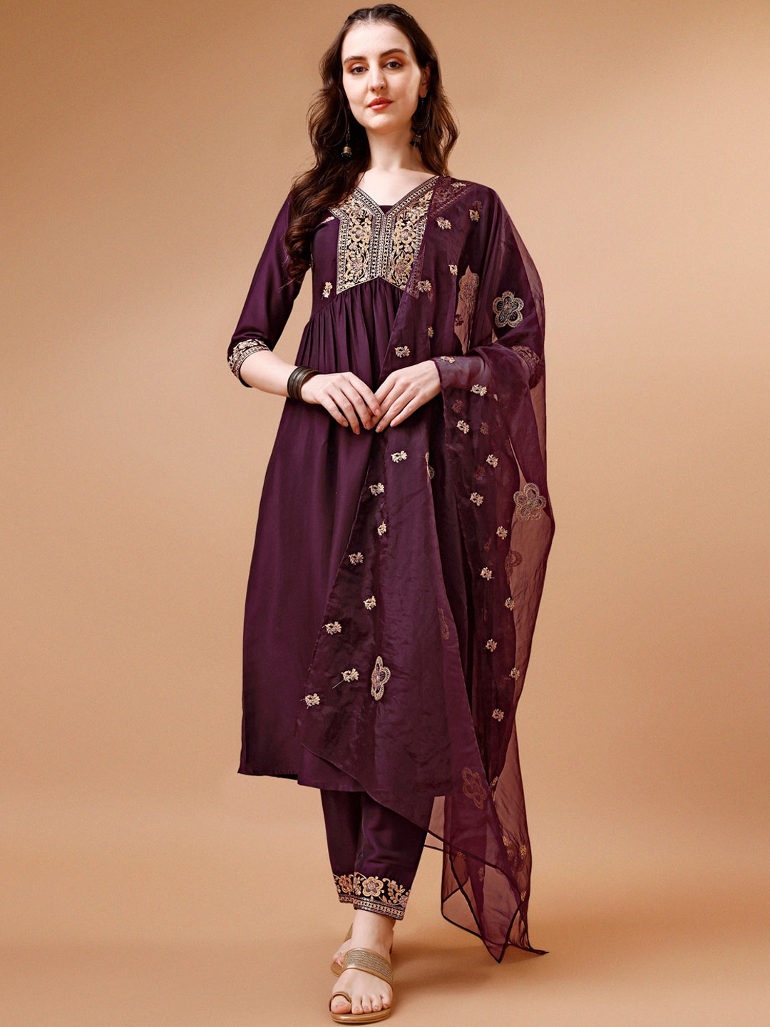 KALINI Ethnic Motifs Embroidered V-Neck Zari Work Straight Kurta With Trousers & Dupatta, Magenta
KALINI Ethnic Motifs Embroidered V-Neck Zari Work Straight Kurta With Trousers & Dupatta, Magenta