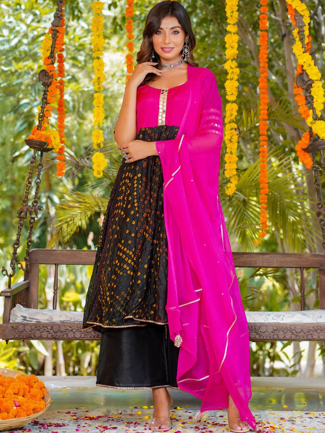 Rangpur Bandhani Printed Empire Pure Silk Mirror Work Kurta With Palazzo & Dupatta, Black
Rangpur Bandhani Printed Empire Pure Silk Mirror Work Kurta With Palazzo & Dupatta, Black