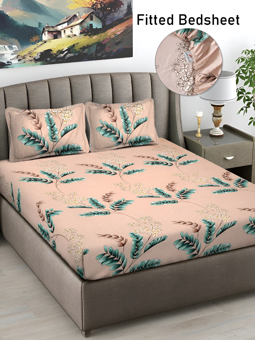 FABINALIV Green & Pink Floral Print 300 TC Fitted Super King Bedsheet & 2 Pillow Covers
FABINALIV Green & Pink Floral Print 300 TC Fitted Super King Bedsheet & 2 Pillow Covers