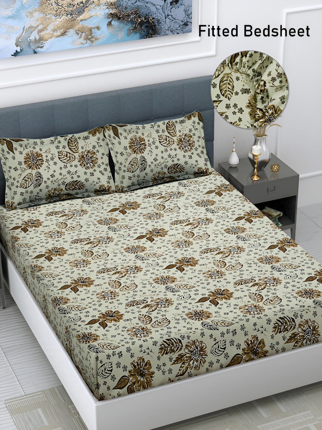 FABINALIV Green & Brown Floral Print 300 TC Fitted Super King Bedsheet & 2 Pillow Covers
FABINALIV Green & Brown Floral Print 300 TC Fitted Super King Bedsheet & 2 Pillow Covers