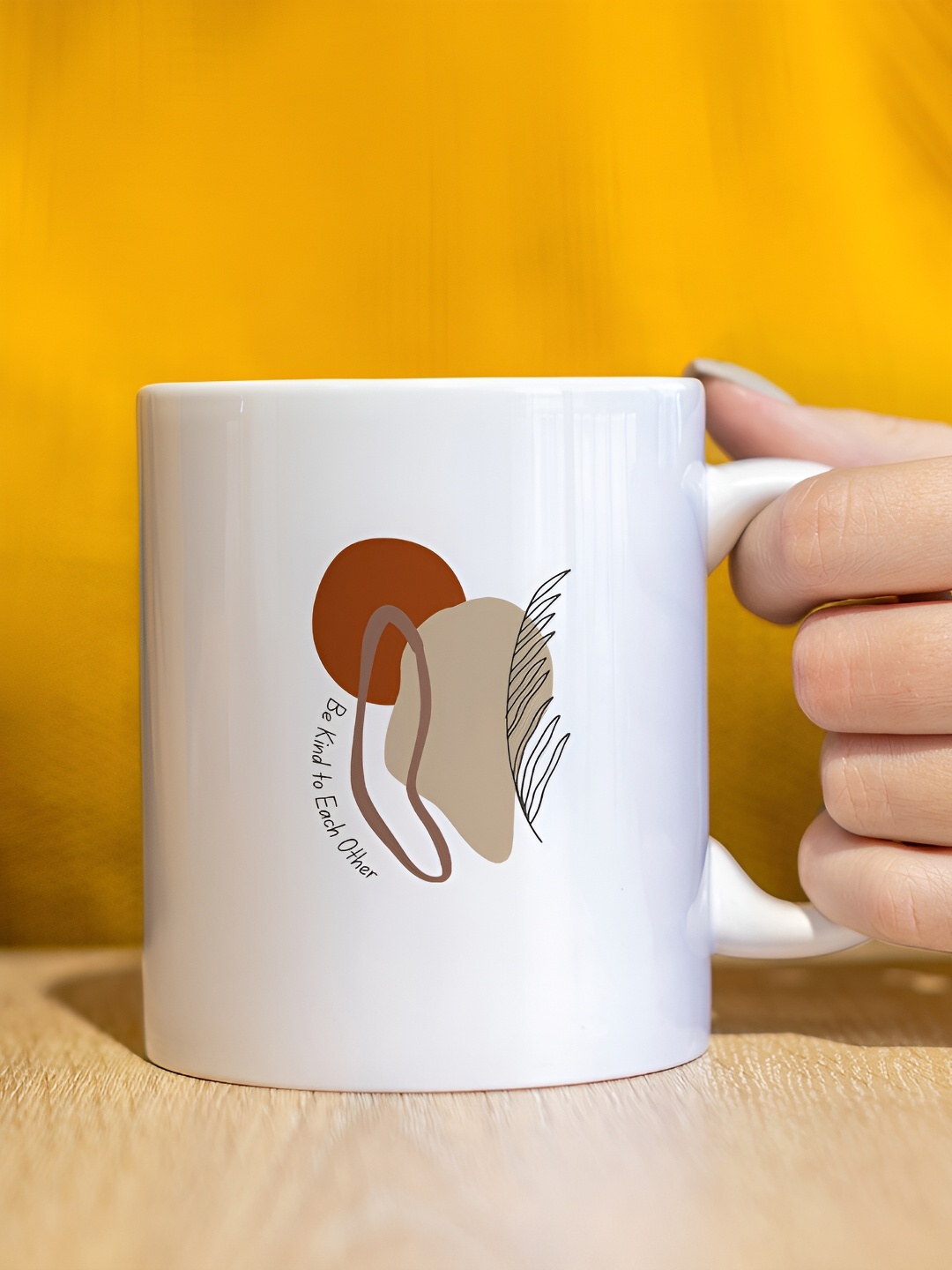 The Decor Lane White & Beige Printed Ceramic Glossy Mug 325 ml