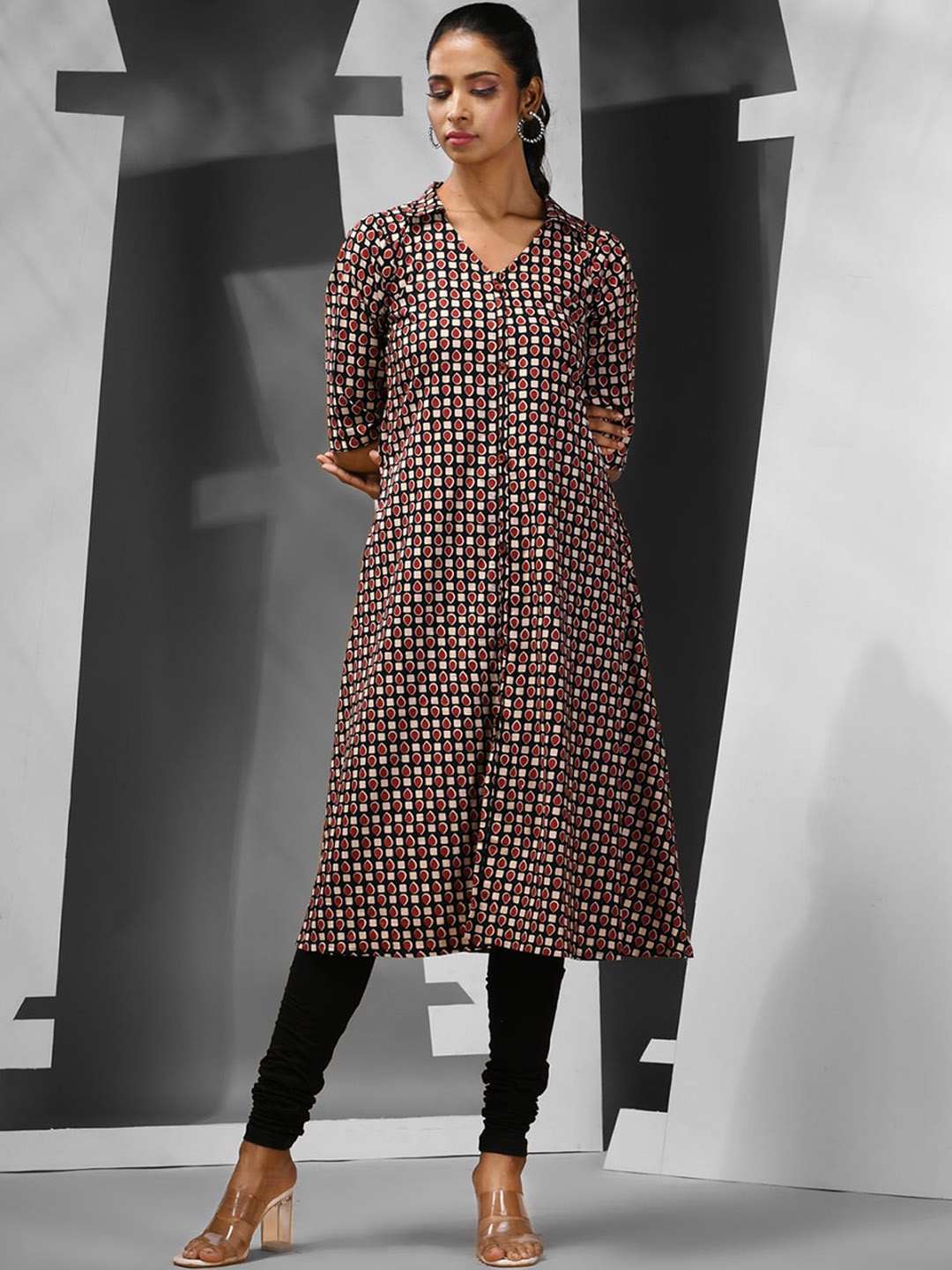 Charukriti Shirt Collar Short Sleeves Cotton Geometric Printed A line Kurta, Black
Charukriti Shirt Collar Short Sleeves Cotton Geometric Printed A line Kurta, Black