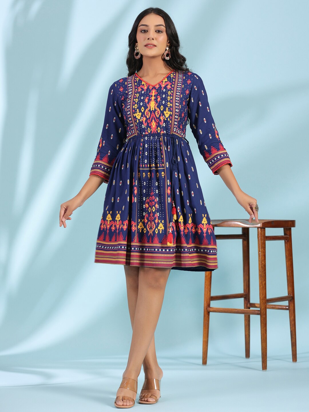 Juniper Navy Blue Ethnic Motifs Printed Gathered A-Line Dress With Belt
Juniper Navy Blue Ethnic Motifs Printed Gathered A-Line Dress With Belt