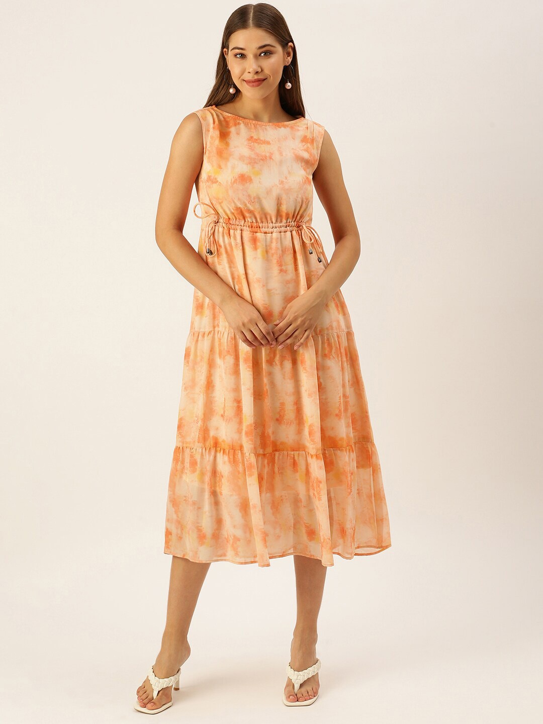 MELOSO Tie & Dye Printed Sleeveless Tie Up Fit & Flare Dress, Peach