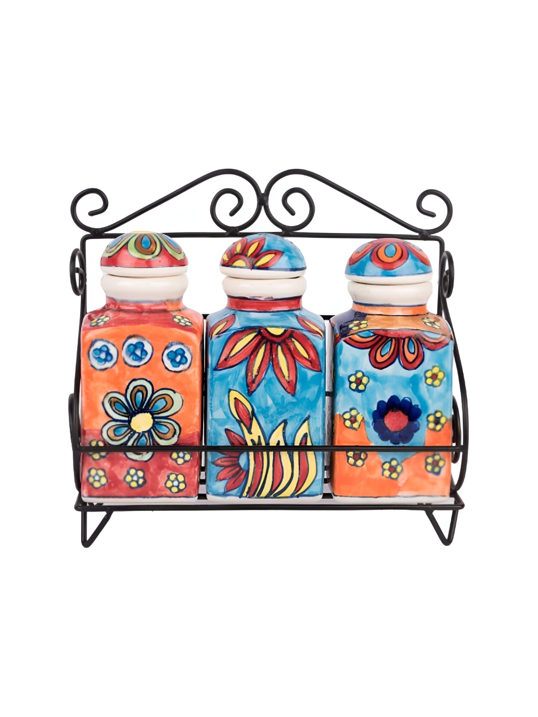 INDIA MEETS INDIA Blue & Orange 4 Pieces Floral Printed Ceramic Canister With Stand
INDIA MEETS INDIA Blue & Orange 4 Pieces Floral Printed Ceramic Canister With Stand