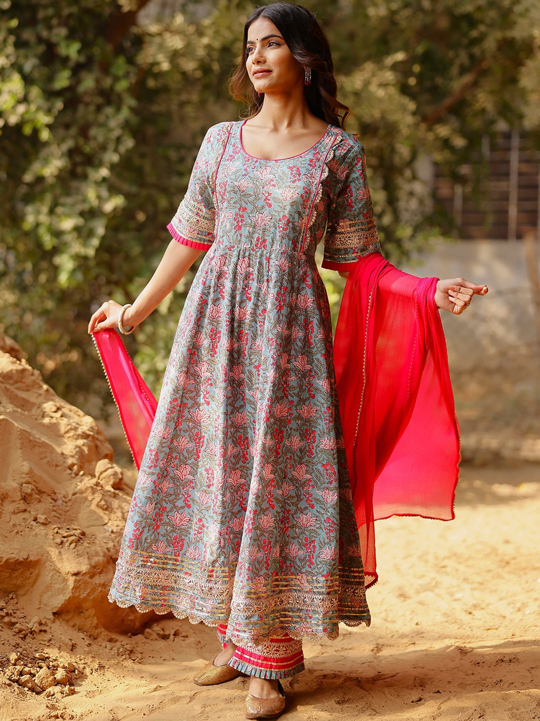 mokshi Floral Printed Empire Gotta Patti Pure Cotton Kurta With Palazzo & Dupatta, Blue
mokshi Floral Printed Empire Gotta Patti Pure Cotton Kurta With Palazzo & Dupatta, Blue