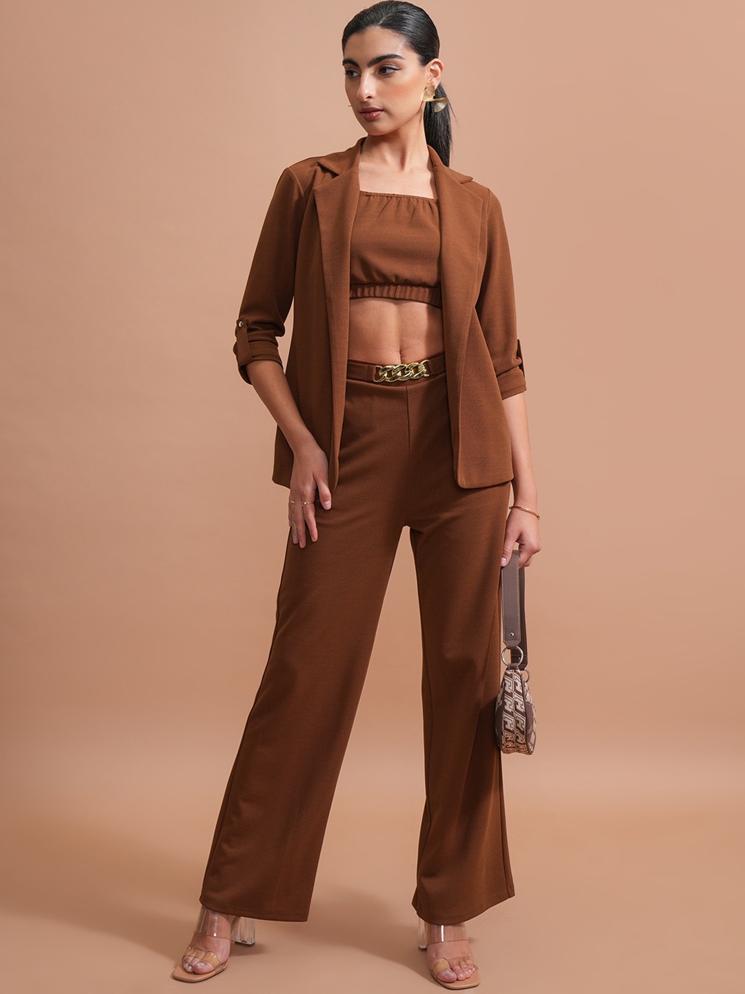 Tokyo Talkies Brown Strappy Crop Top With Open-Front Blazer & Wide-Leg Trousers Co-Ords
Tokyo Talkies Brown Strappy Crop Top With Open-Front Blazer & Wide-Leg Trousers Co-Ords