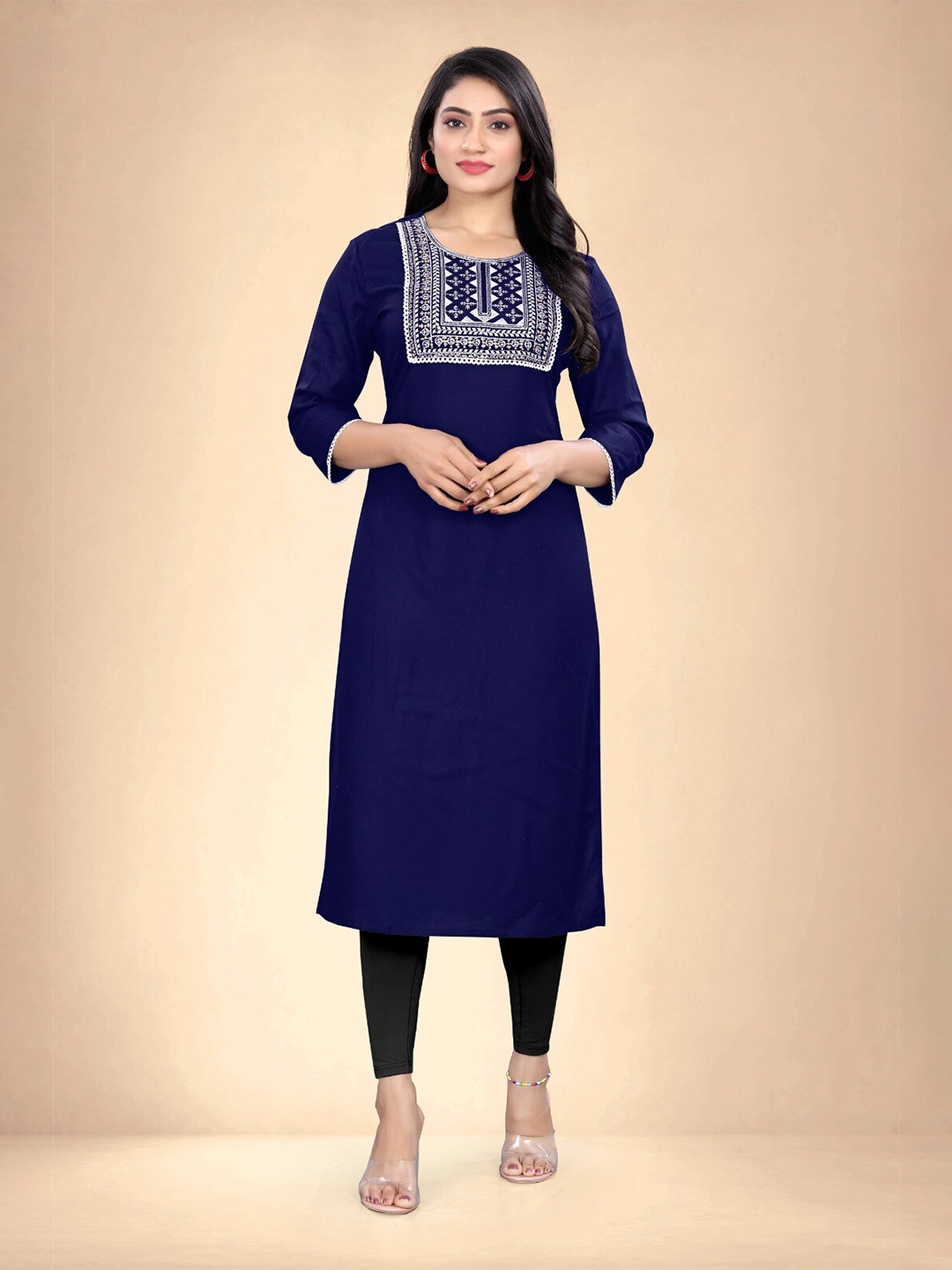 Abhilasha Ethnic Motifs Yoke Design Round Neck Thread Work Straight Kurta, Navy blue
Abhilasha Ethnic Motifs Yoke Design Round Neck Thread Work Straight Kurta, Navy blue