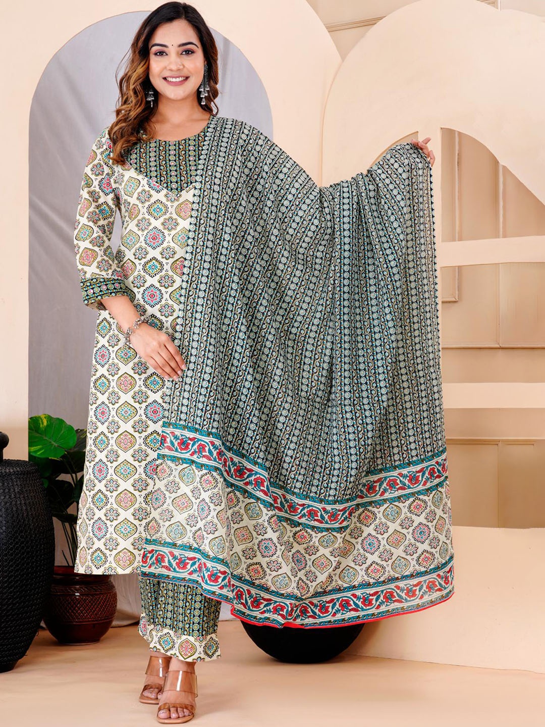 KALINI Ethnic Motifs Mirror Work Pure Cotton Straight Kurta With Trousers & Dupatta, Beige
KALINI Ethnic Motifs Mirror Work Pure Cotton Straight Kurta With Trousers & Dupatta, Beige