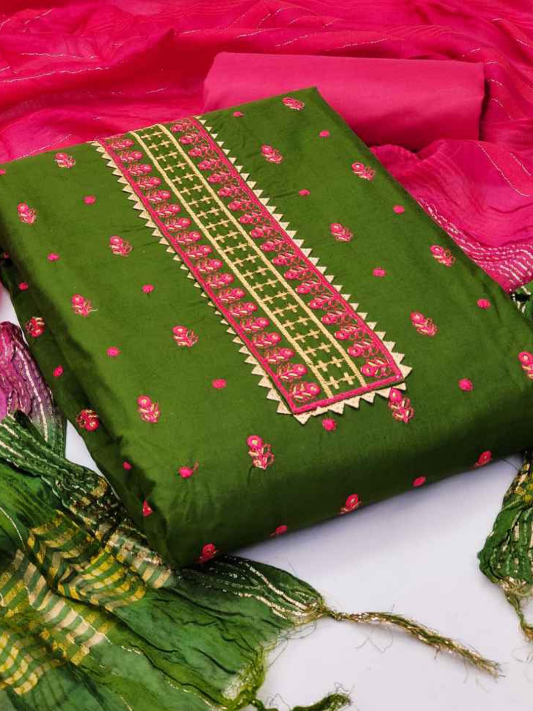 faxofab Embroidered Unstitched Dress Material, Green