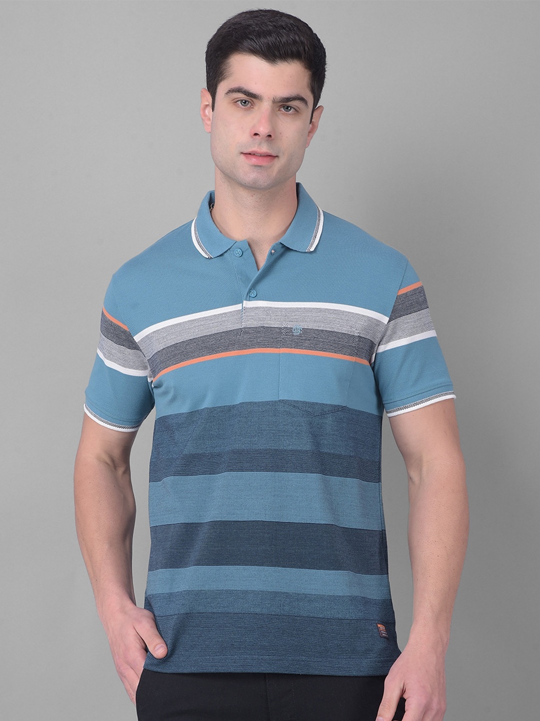 COBB Striped Polo Collar Pockets T-shirt, Teal