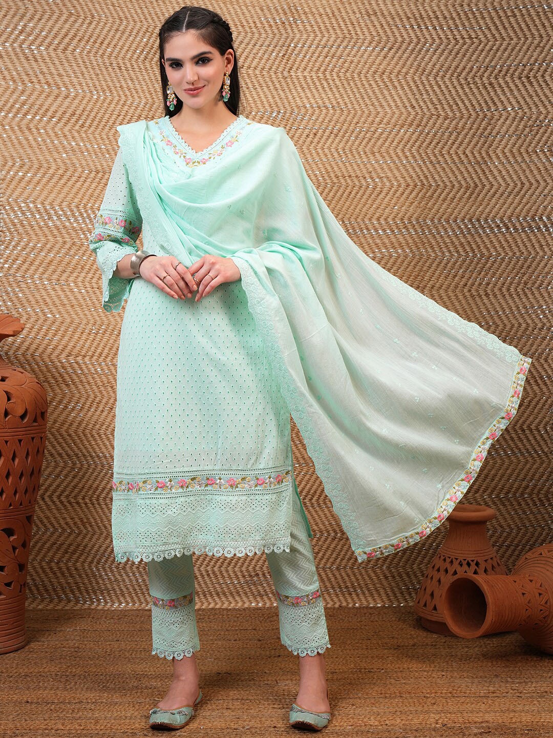Vishudh Blue Self Design Thread Work Pure Cotton Straight Kurta & Trousers With Dupatta
Vishudh Blue Self Design Thread Work Pure Cotton Straight Kurta & Trousers With Dupatta