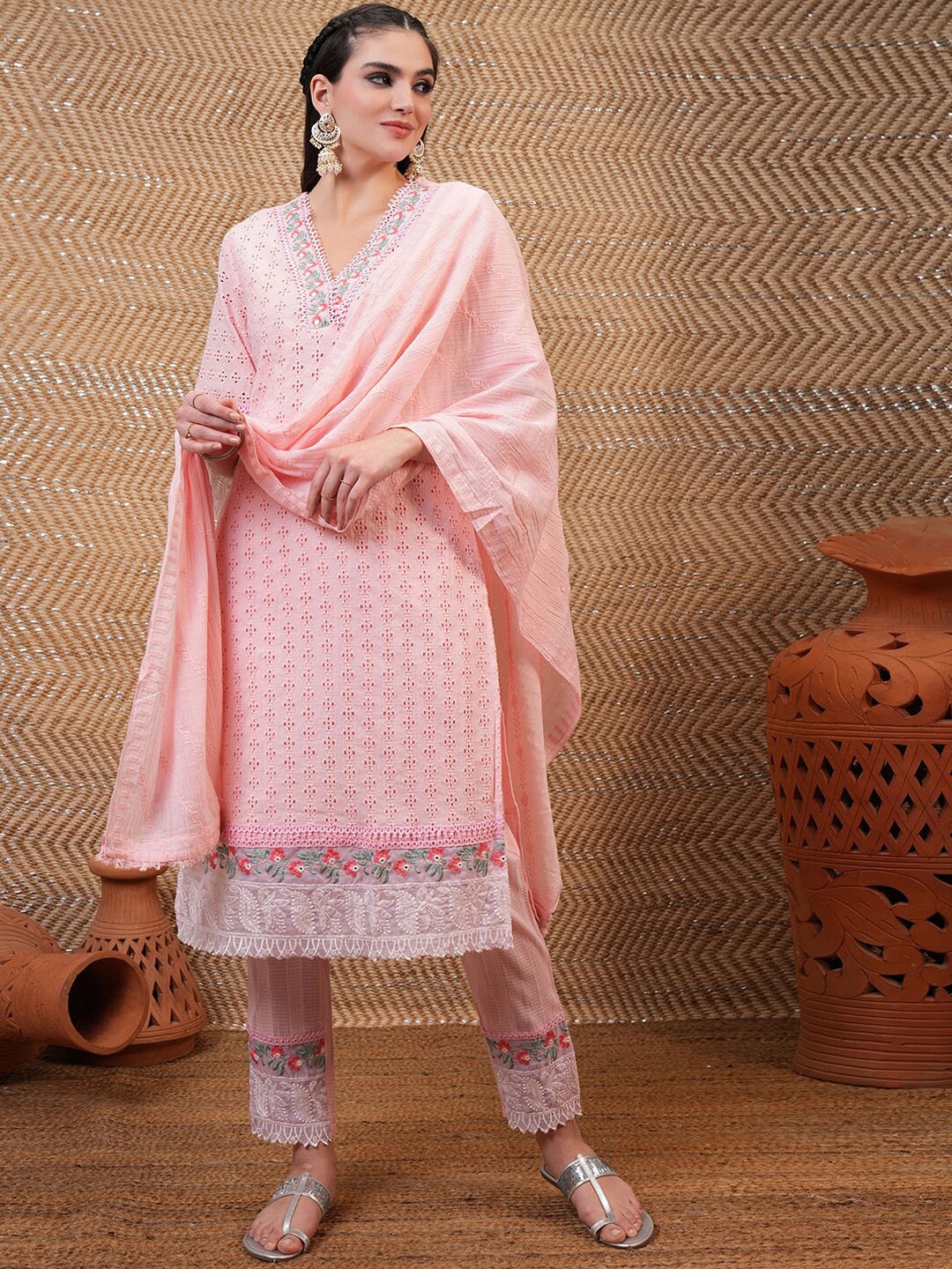 Vishudh Pink Self Design Thread Work Pure Cotton Straight Kurta & Trousers With Dupatta
Vishudh Pink Self Design Thread Work Pure Cotton Straight Kurta & Trousers With Dupatta