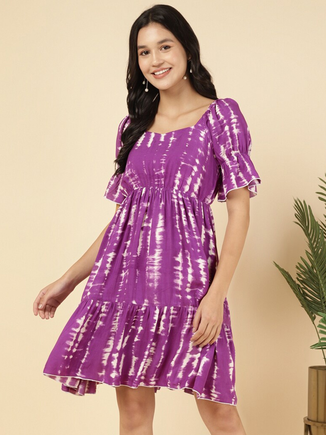 DEEBACO Printed Puff Sleeves Fit & Flare Dress, Lavender