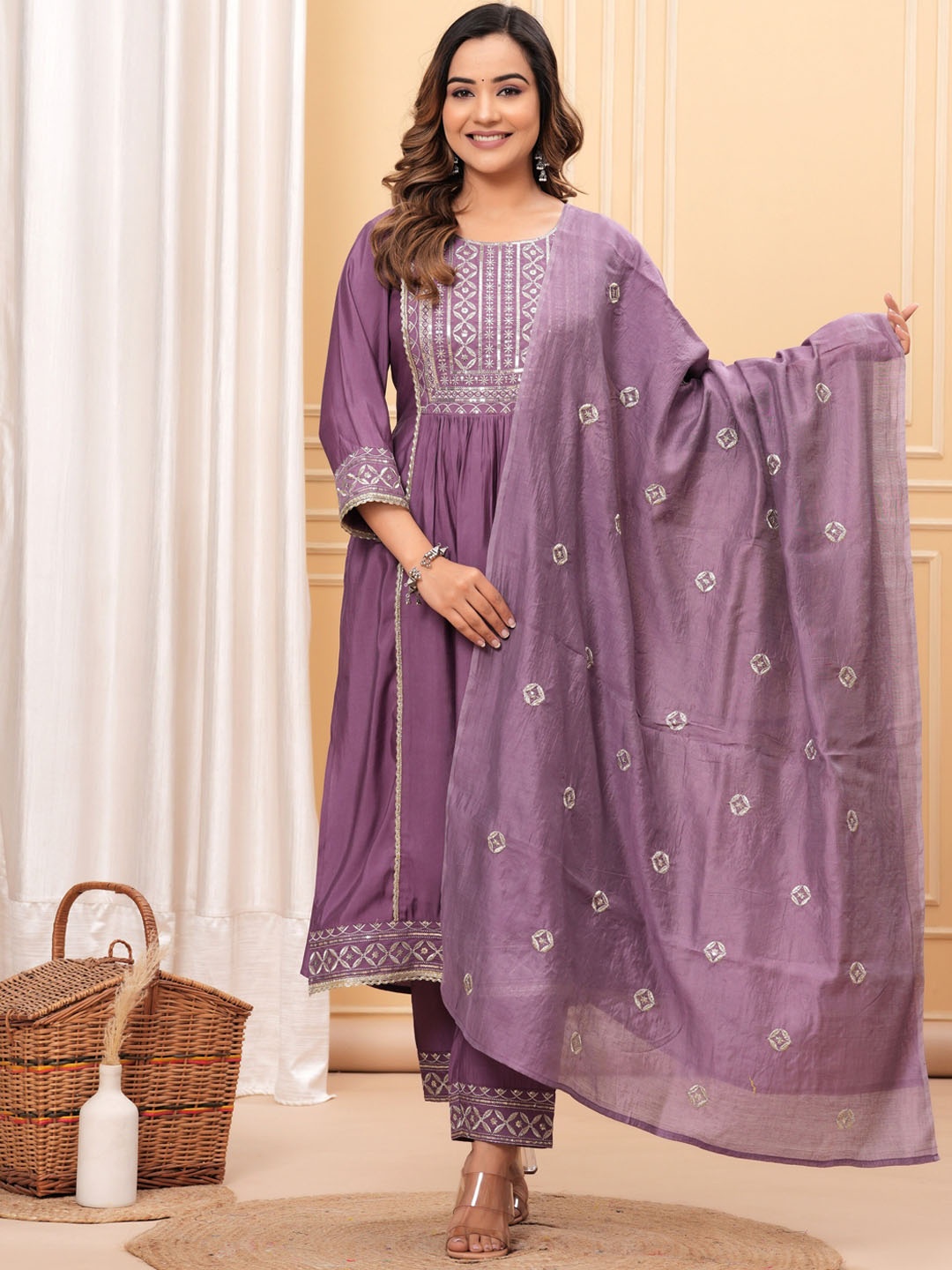 SK2 Fashion Ethnic Motifs Embroidered Pure Silk Naira Cut Kurta With Trouser & Dupatta, Purple
SK2 Fashion Ethnic Motifs Embroidered Pure Silk Naira Cut Kurta With Trouser & Dupatta, Purple
