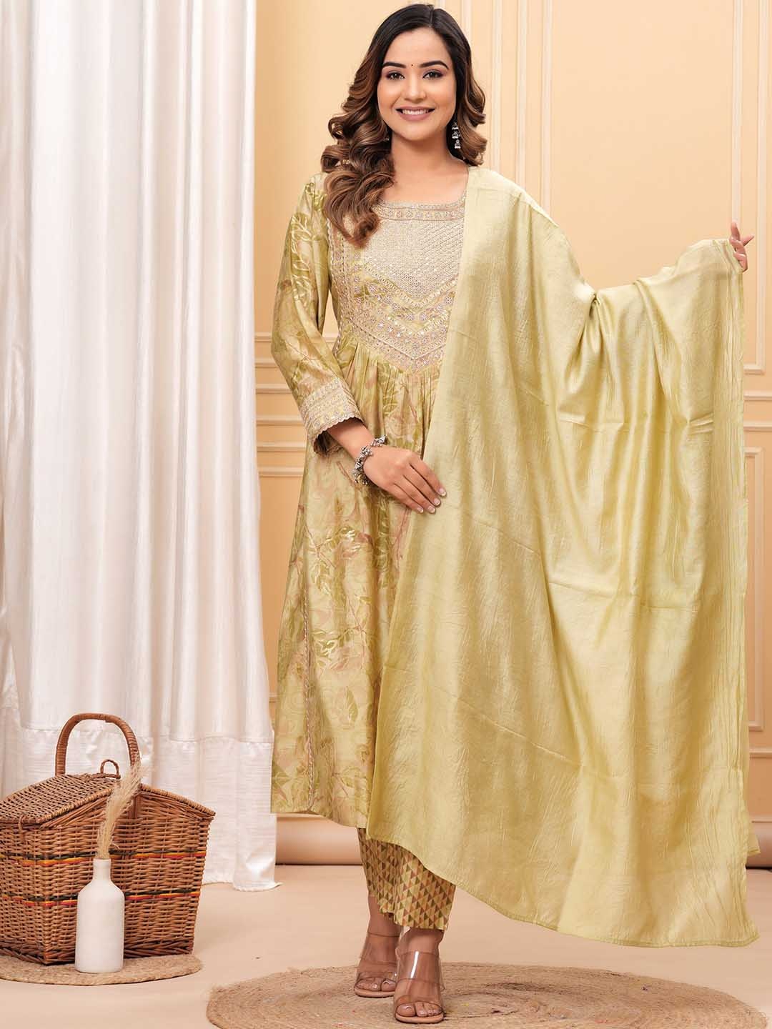 SK2 Fashion Floral Printed Sequinned Pure Silk Naira Cut Kurta With Trouser & Dupatta, Green
SK2 Fashion Floral Printed Sequinned Pure Silk Naira Cut Kurta With Trouser & Dupatta, Green