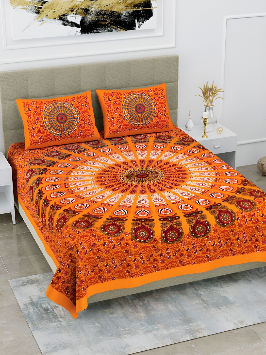 POORAK Orange & White Ethnic Motifs Cotton 104 TC Queen Bedsheet With 2 Pillow Covers
POORAK Orange & White Ethnic Motifs Cotton 104 TC Queen Bedsheet With 2 Pillow Covers