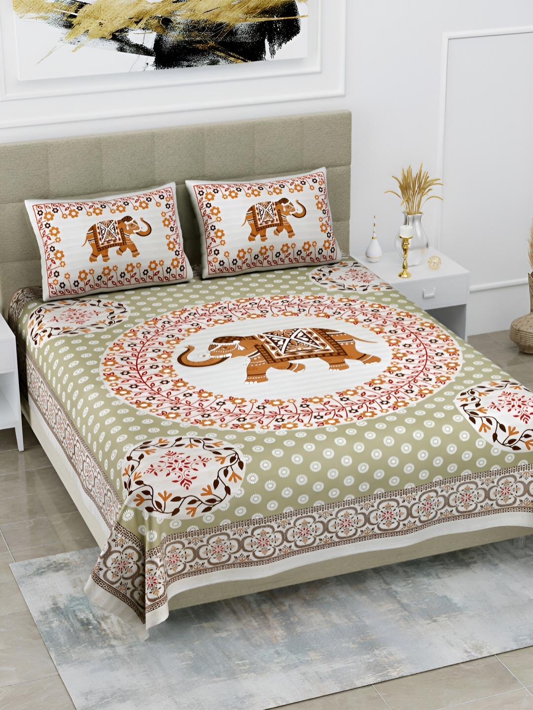 POORAK Brown & White Ethnic Motifs Cotton 104 TC Queen Bedsheet With 2 Pillow Covers
POORAK Brown & White Ethnic Motifs Cotton 104 TC Queen Bedsheet With 2 Pillow Covers