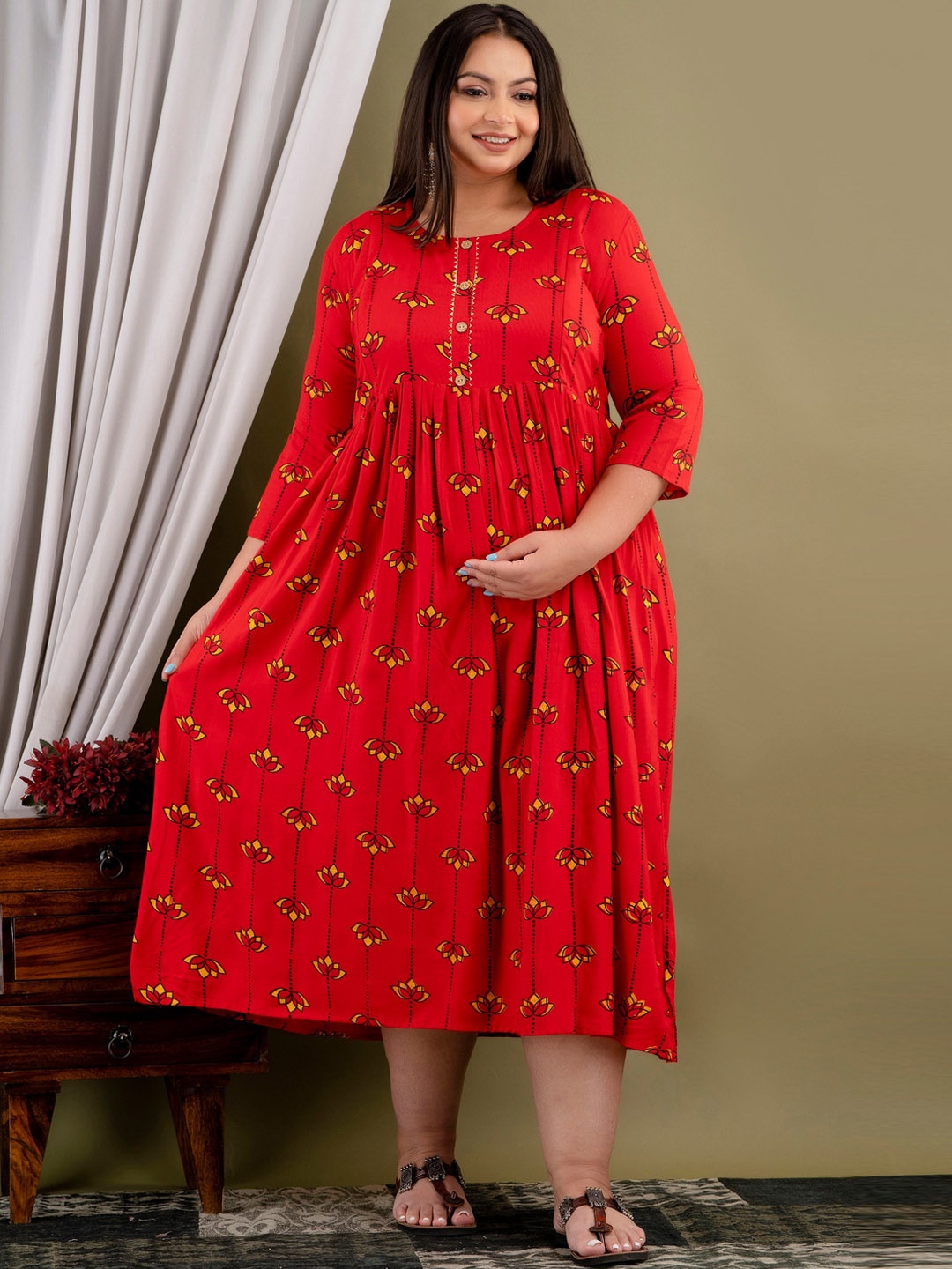 Mialo fashion Printed Round Neck Plus Size Maternity Fit and Flare Dress, Red