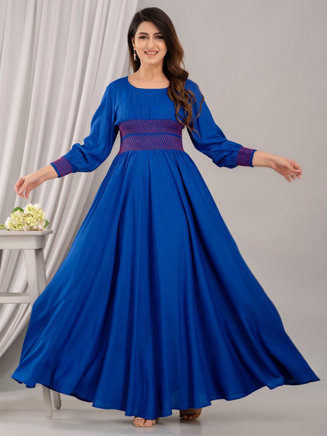 FrionKandy Round Neck Self Design Smocked Puff Sleeve Fit and Flare Maxi Dress, Blue
FrionKandy Round Neck Self Design Smocked Puff Sleeve Fit and Flare Maxi Dress, Blue