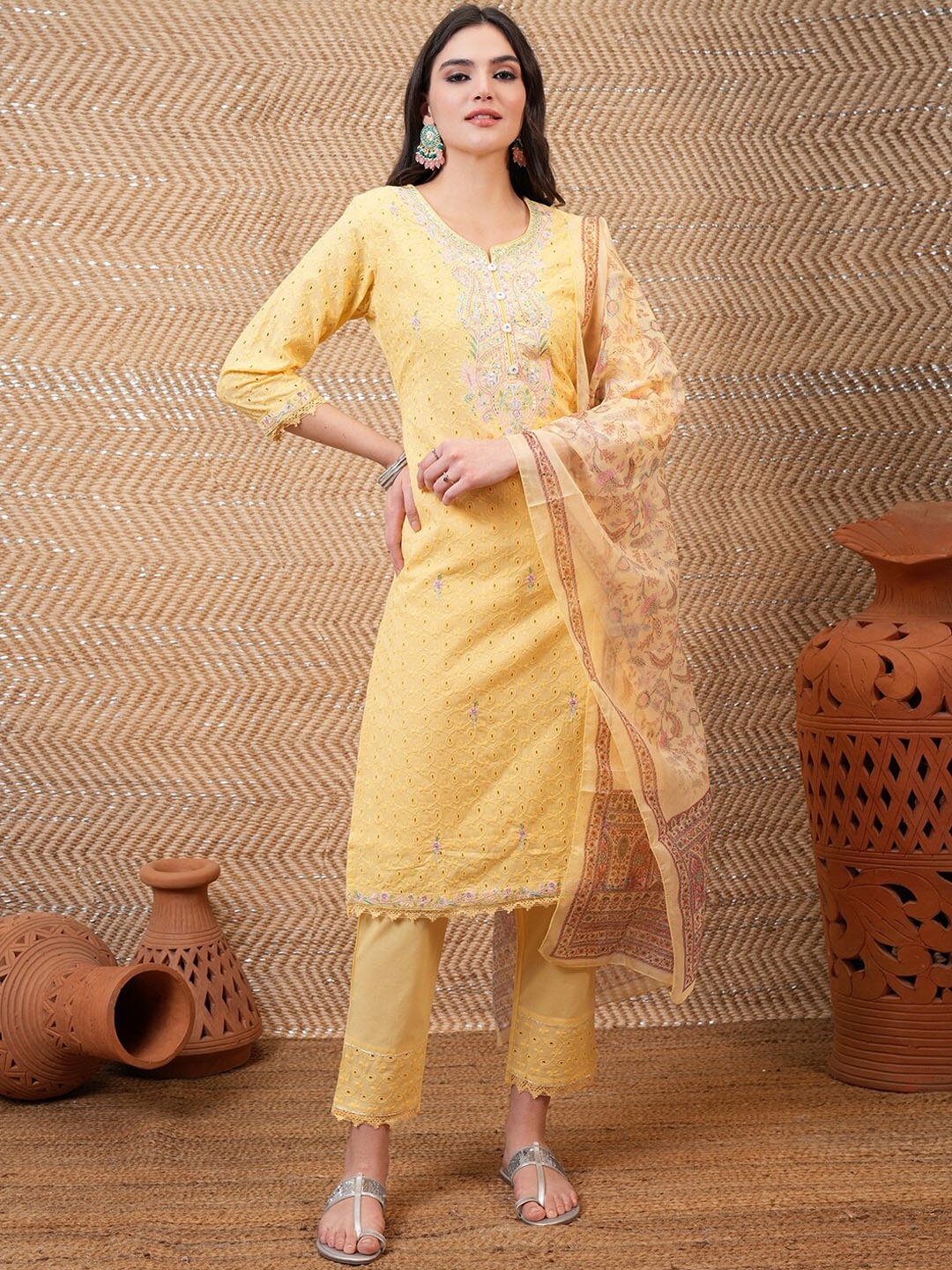 Vishudh Yellow Floral Embroidered Pure Cotton Straight Kurta With Trousers & Dupatta
Vishudh Yellow Floral Embroidered Pure Cotton Straight Kurta With Trousers & Dupatta