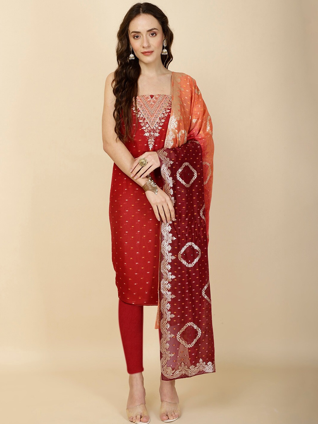 Meena Bazaar Organza Unstitched Dress Material, Maroon