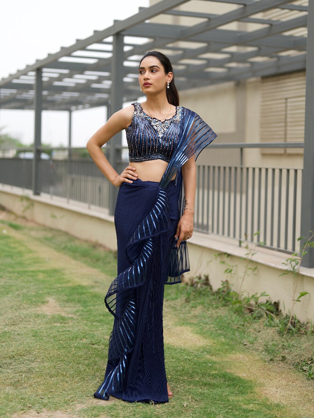 ALIYANA Embellished Beads and Stones Fusion Saree, Navy blue