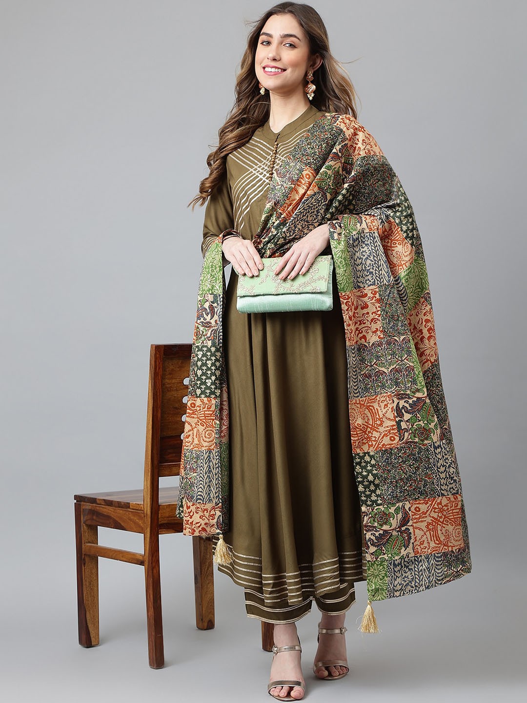 Khushal K Striped V-Neck Pure Cotton Straight Anarkali Kurta With Palazzos & Dupatta, Green
Khushal K Striped V-Neck Pure Cotton Straight Anarkali Kurta With Palazzos & Dupatta, Green