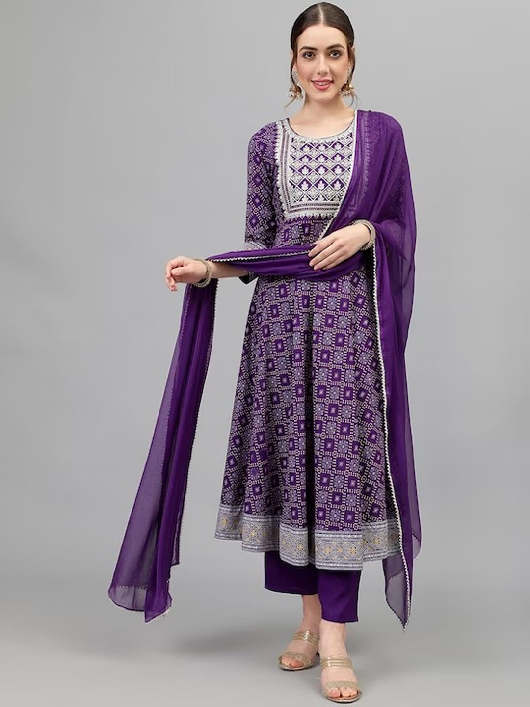 SK2 Fashion Bandhani Printed Round Neck Thread Work A-Line Kurta With Trouser & Dupatta, Purple
SK2 Fashion Bandhani Printed Round Neck Thread Work A-Line Kurta With Trouser & Dupatta, Purple