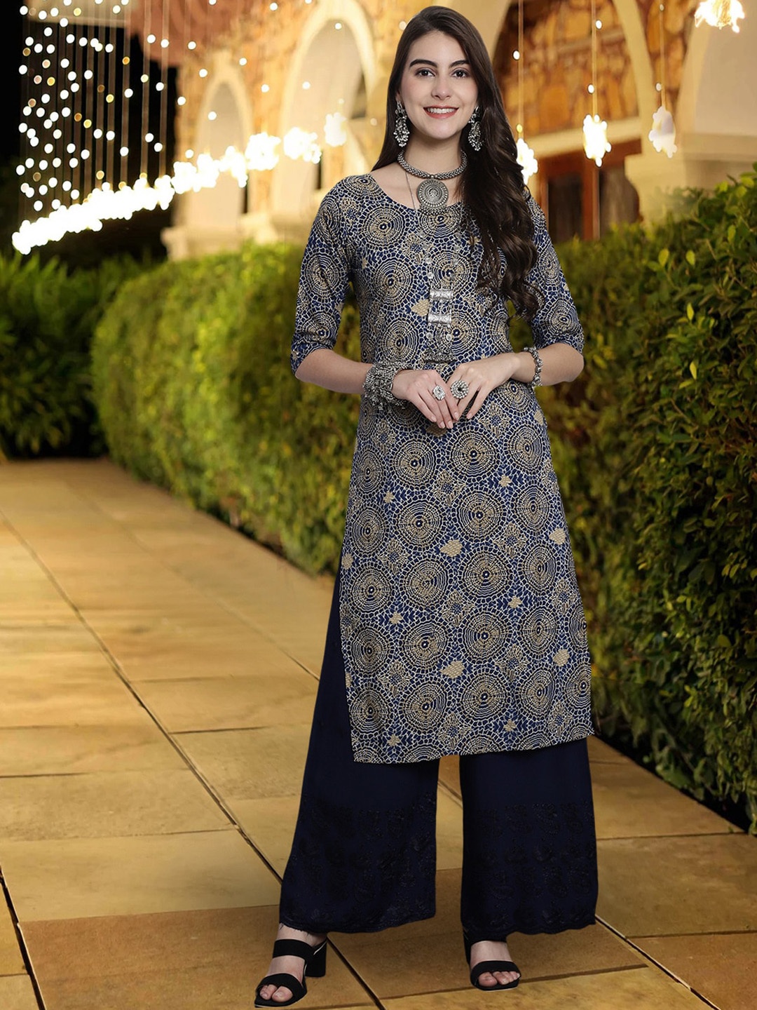 KALINI Geometric Printed Round Neck Crepe Straight Kurta, Navy blue