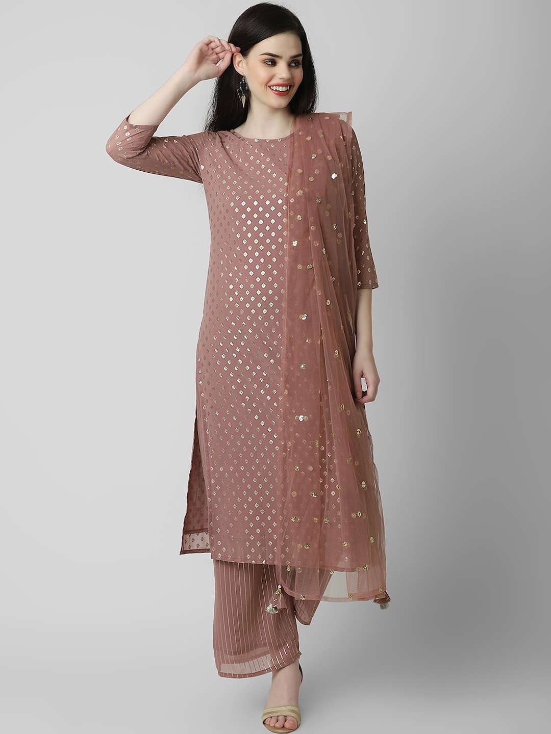 Oash Women Ethnic Motifs Printed Regular Silk Georgette Kurta with Trousers & With Dupatta, Brown
Oash Women Ethnic Motifs Printed Regular Silk Georgette Kurta with Trousers & With Dupatta, Brown