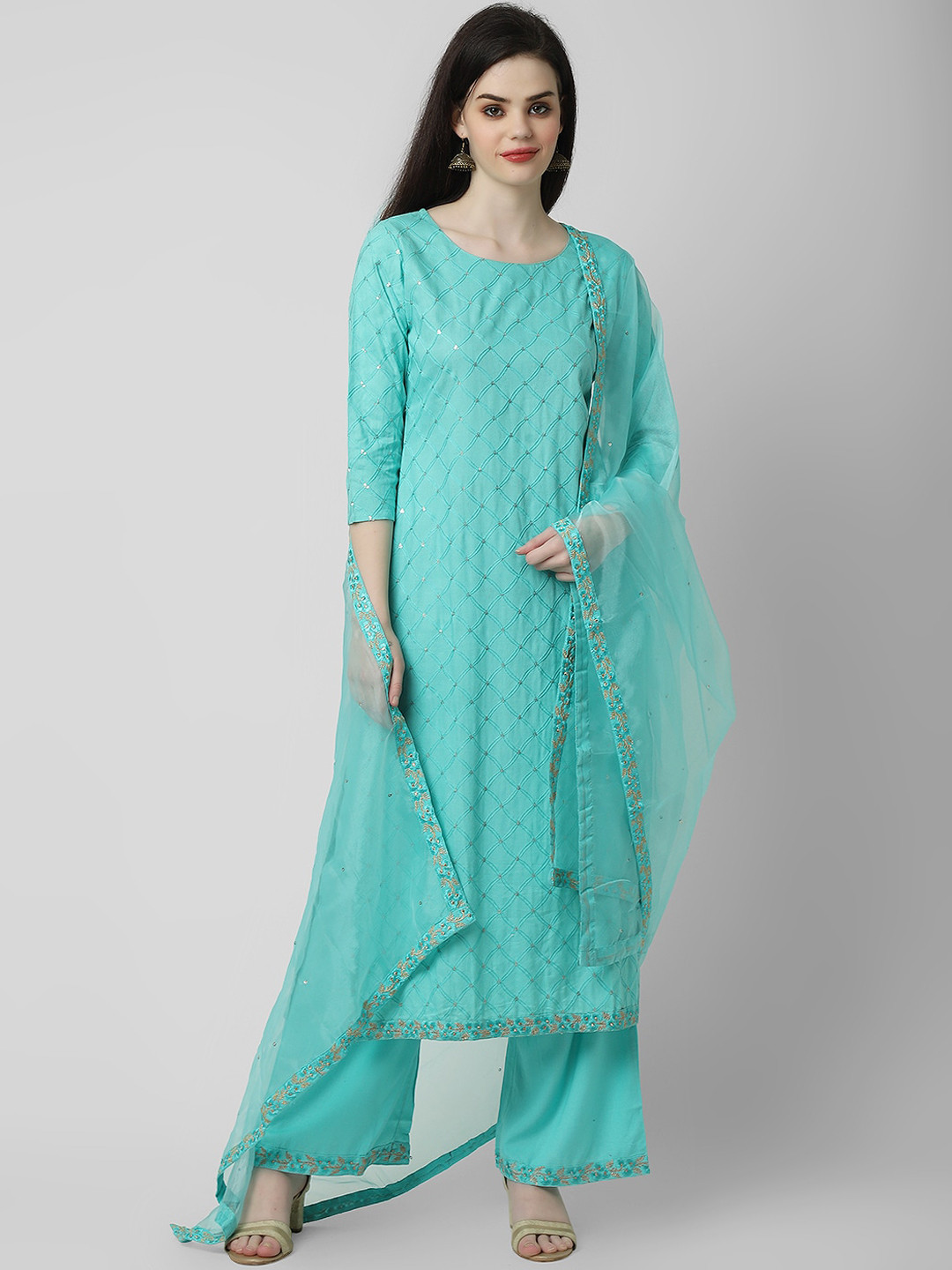 Oash Women Embroidered Regular Sequinned Kurta with Palazzos & With Dupatta, Blue 
Oash Women Embroidered Regular Sequinned Kurta with Palazzos & With Dupatta, Blue