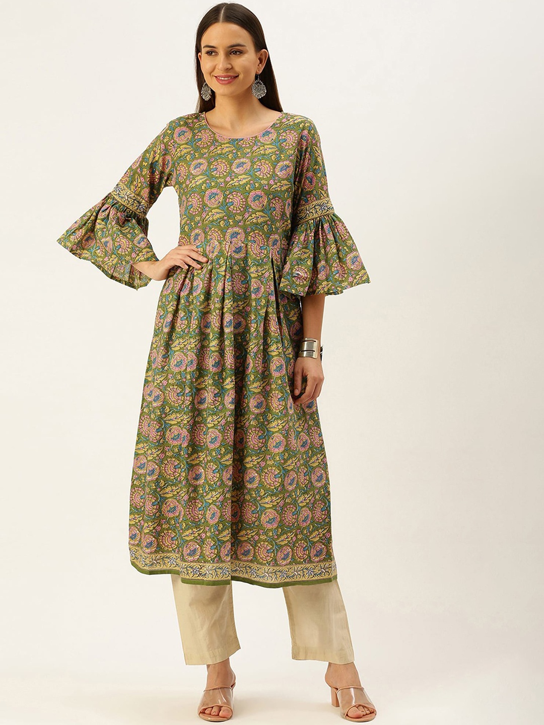 Shaily Floral Printed Bell Sleeves Anarkali Kurta, Yellow