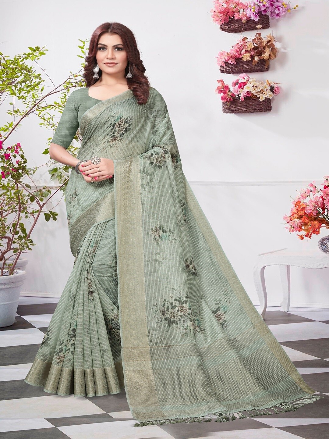ARYZE Floral Zari Silk Cotton Saree, Olive