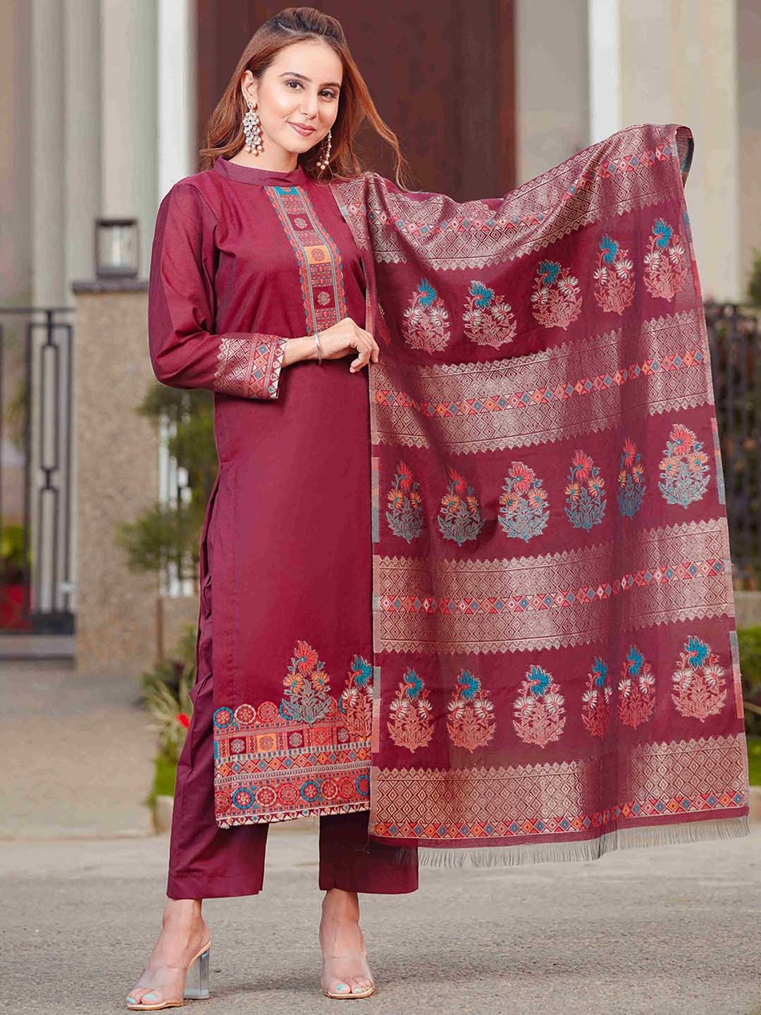 KIDAR Women Ethnic Motifs Yoke Design Regular Pure Cotton Kurta with Salwar & With Dupatta, Burgundy
KIDAR Women Ethnic Motifs Yoke Design Regular Pure Cotton Kurta with Salwar & With Dupatta, Burgundy