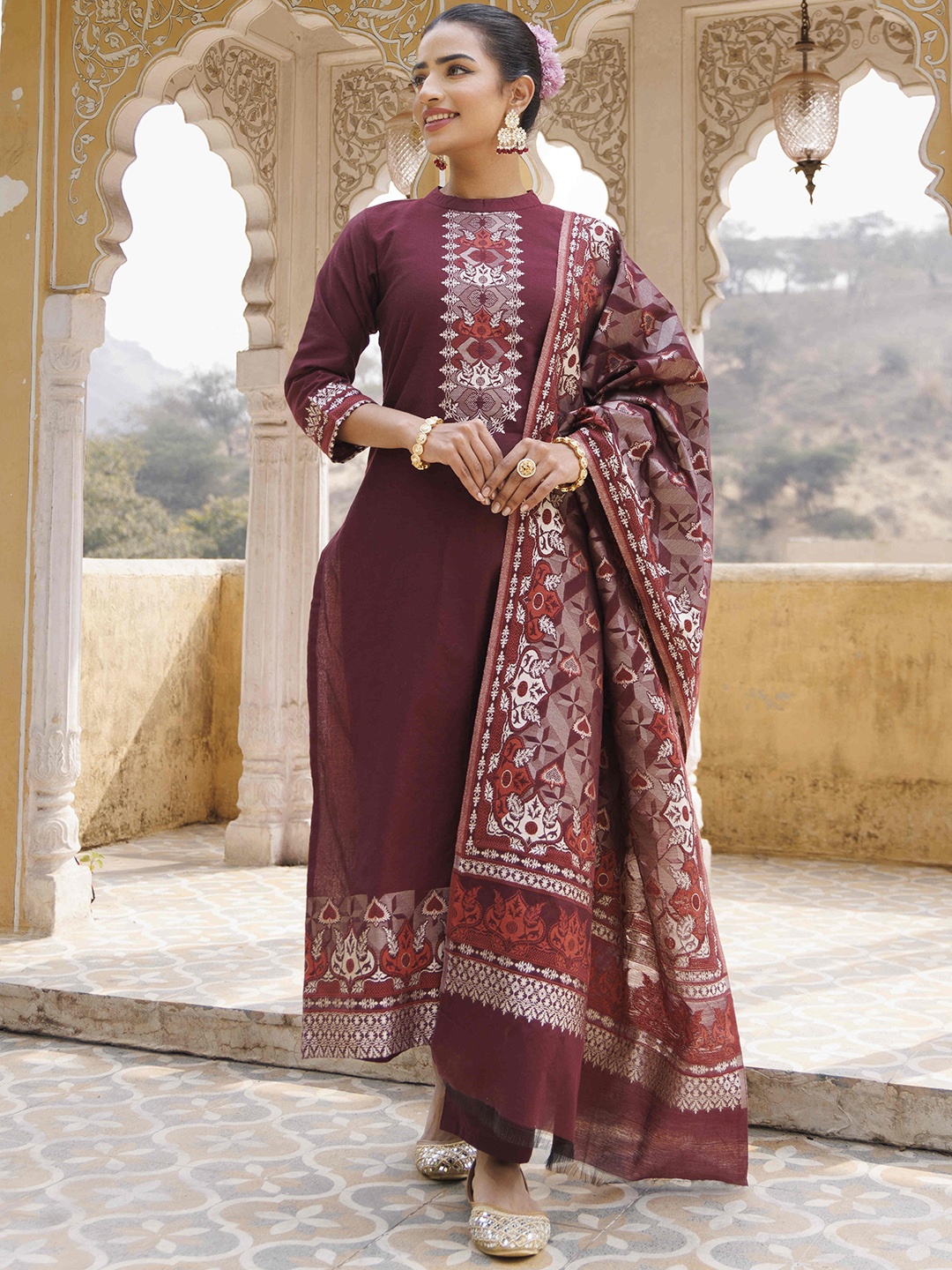 KIDAR Women Ethnic Motifs Yoke Design Regular Pure Cotton Kurta with Salwar & With Dupatta, Brown
KIDAR Women Ethnic Motifs Yoke Design Regular Pure Cotton Kurta with Salwar & With Dupatta, Brown