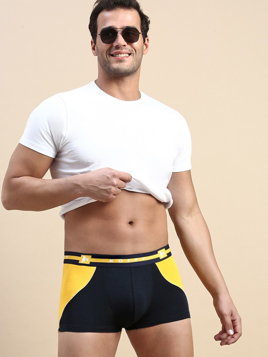 KOFFY Men Pliable Cotton Modal Colorblocked Mini Trunk with Seamless Waistband, Yellow
KOFFY Men Pliable Cotton Modal Colorblocked Mini Trunk with Seamless Waistband, Yellow