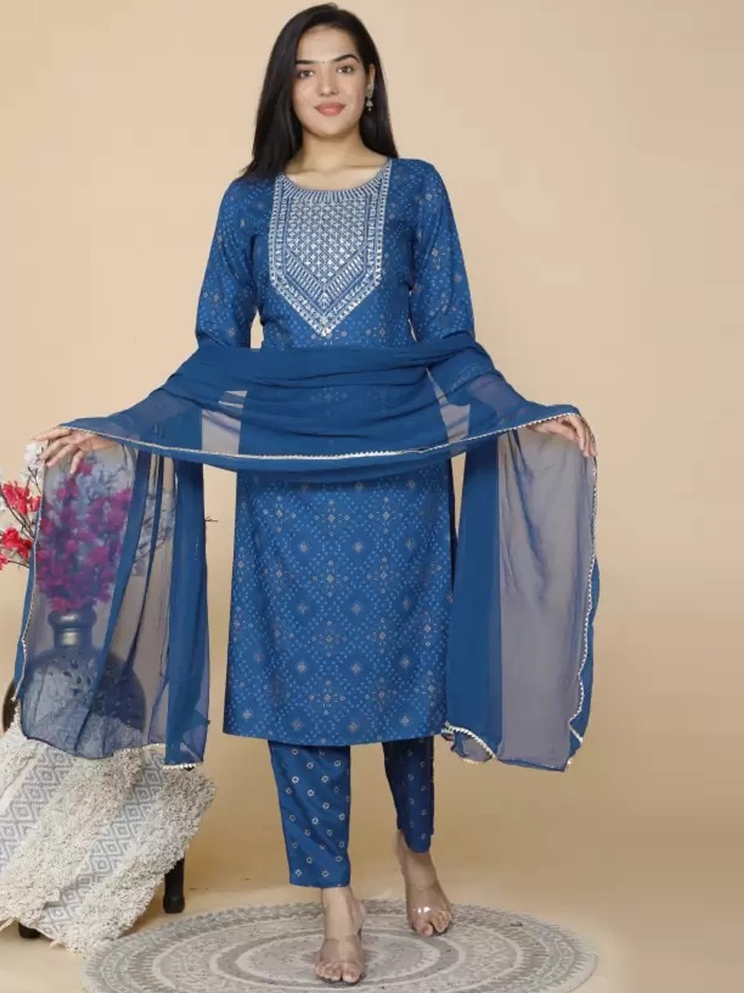 Misti Exim Women Bandhani Printed Regular Sequinned Kurta with Trousers & With Dupatta, Blue
Misti Exim Women Bandhani Printed Regular Sequinned Kurta with Trousers & With Dupatta, Blue
