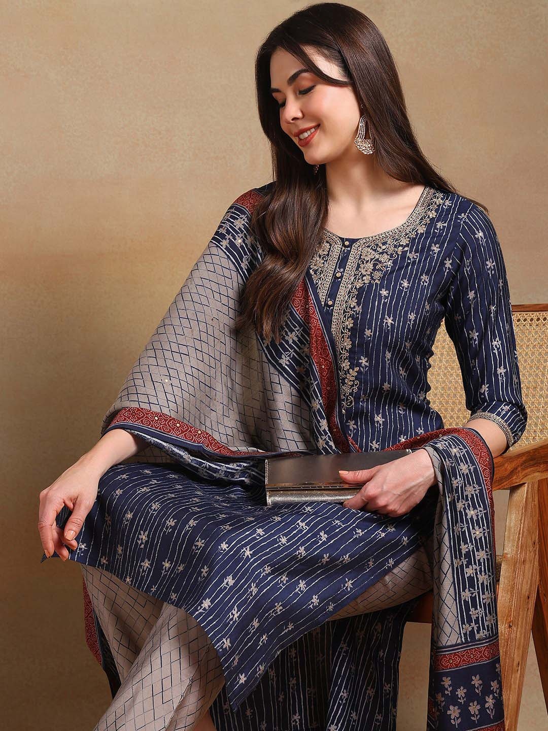 AHIKA Women Floral Embroidered Regular Kurta with Trousers & With Dupatta, Navy blue
AHIKA Women Floral Embroidered Regular Kurta with Trousers & With Dupatta, Navy blue
