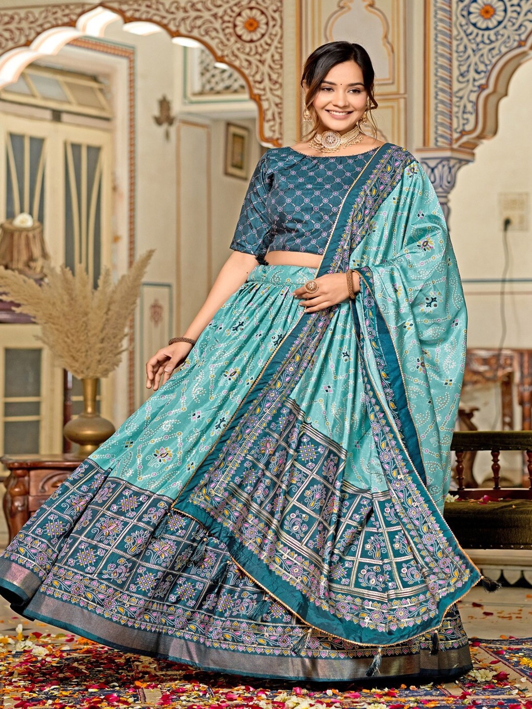 Sadika Printed Foil Print Semi-Stitched Lehenga & Unstitched Blouse With Dupatta, Turquoise blue
Sadika Printed Foil Print Semi-Stitched Lehenga & Unstitched Blouse With Dupatta, Turquoise blue