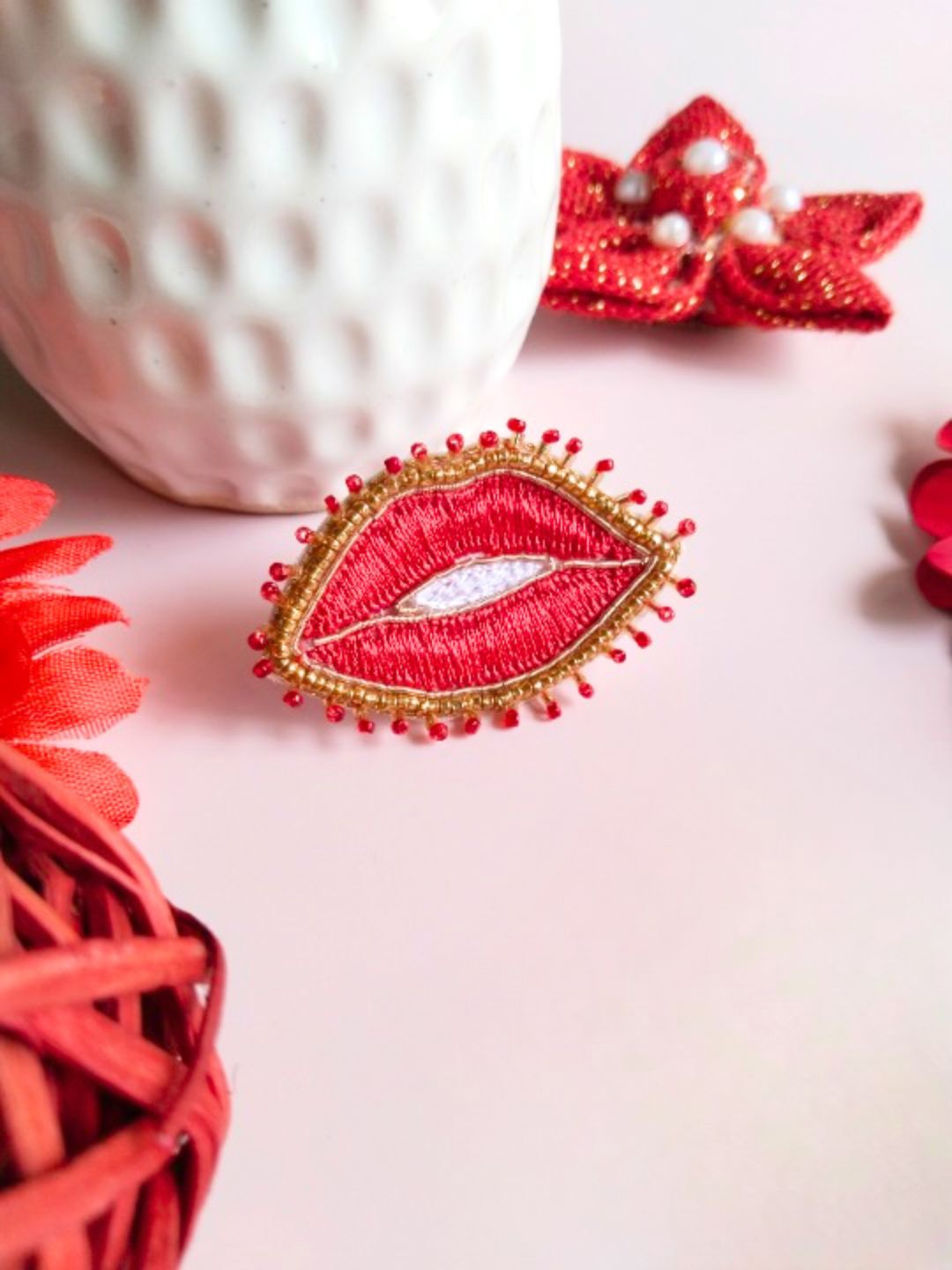 Anouk Quirky Lips Cocktail Adjustable Ring, Red