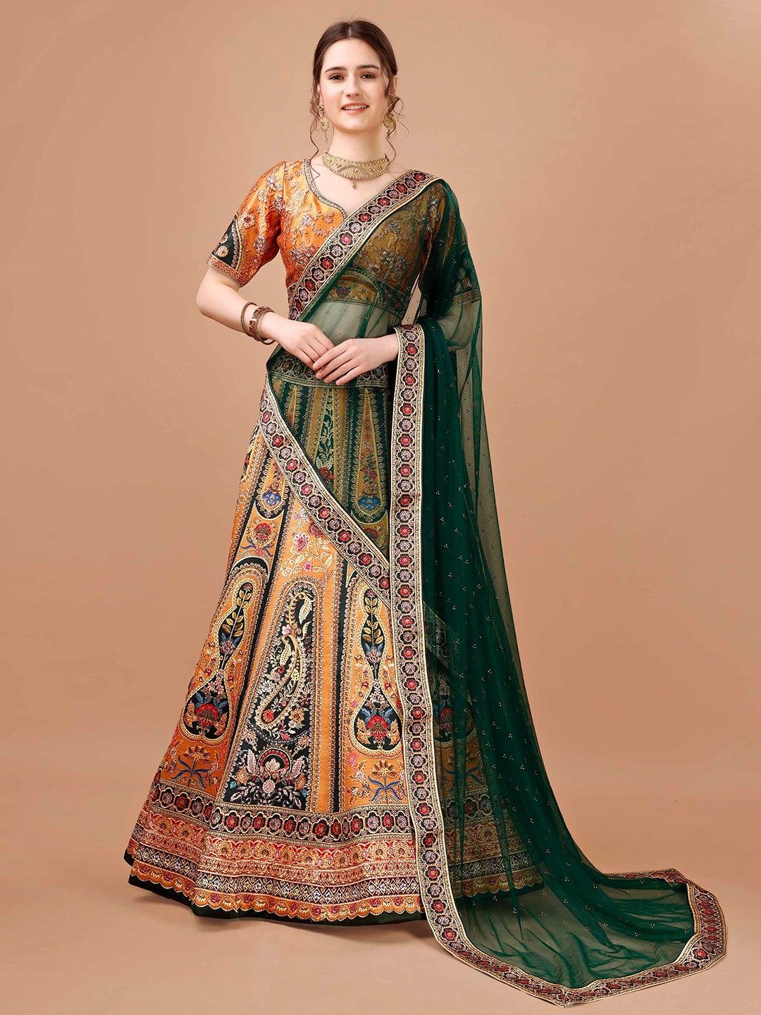 SAPTRANGI Embellished Sequinned Semi-Stitched Lehenga & Blouse With Dupatta, Mustard
SAPTRANGI Embellished Sequinned Semi-Stitched Lehenga & Blouse With Dupatta, Mustard