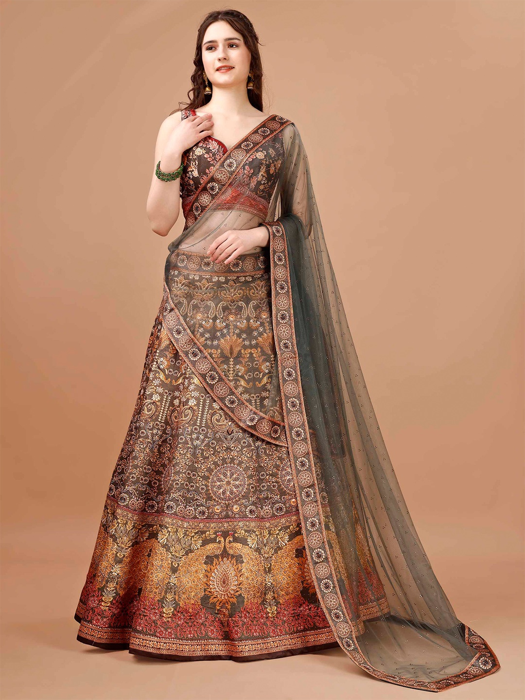 SAPTRANGI Embroidered Beads and Stones Semi-Stitched Lehenga & Blouse With Dupatta, Brown
SAPTRANGI Embroidered Beads and Stones Semi-Stitched Lehenga & Blouse With Dupatta, Brown