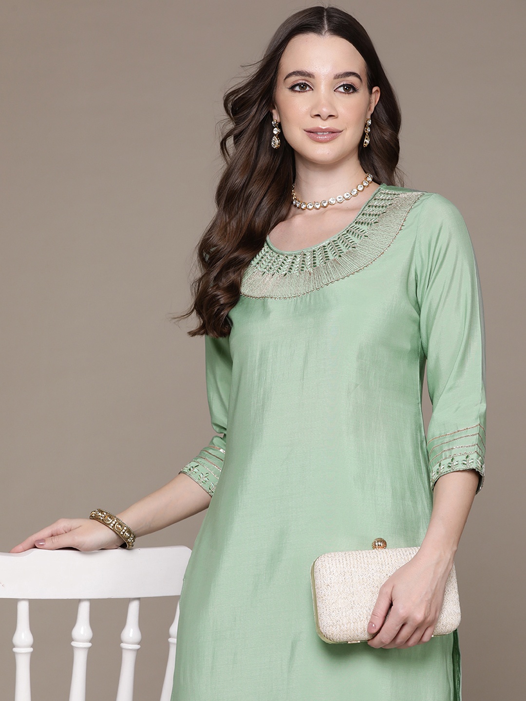 Readiprint Ethnic Motifs Embroidered Gotta Patti Pure Silk Kurta with Trousers, Green
Readiprint Ethnic Motifs Embroidered Gotta Patti Pure Silk Kurta with Trousers, Green