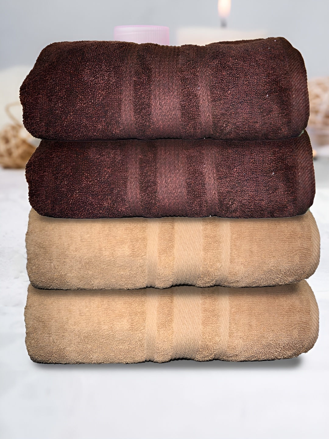 Athom Living 4 Pcs Brown & Beige 500 GSM Terry Cotton Water Absorbent Bath Towels