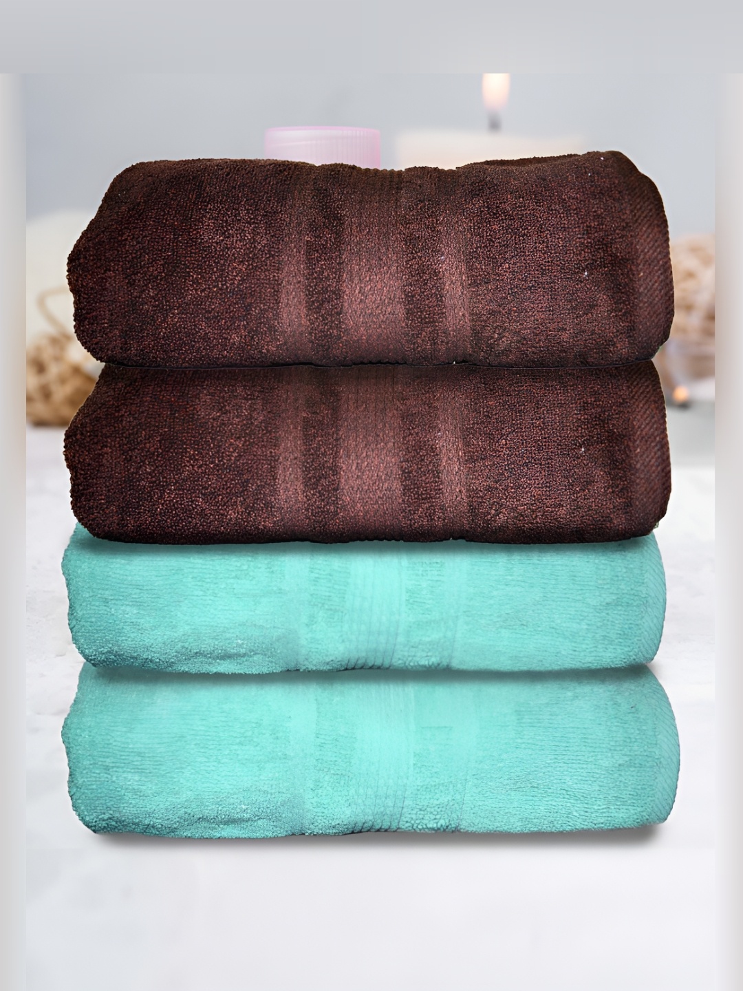 Athom Living 4 Pcs Brown & Blue 500 GSM Terry Cotton Water Absorbent Bath Towels